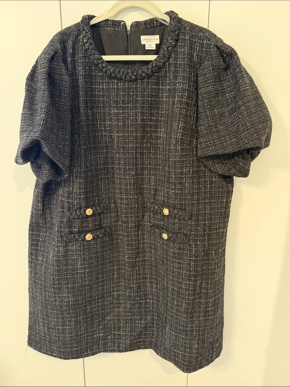 Chic Soul Black Metallic Tweed Braided-Neck Sheath Dress